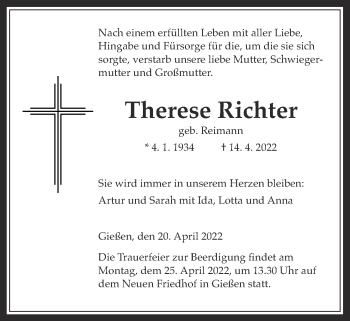 Traueranzeige von Therese Richter von Giessener Allgemeine, Alsfelder Allgemeine, Giessener Anzeiger