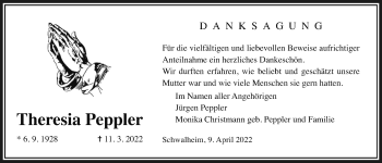 Traueranzeige von Theresia Peppler von Wetterauer Zeitung