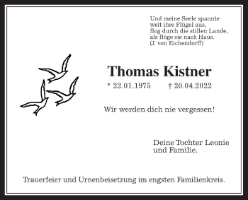 Traueranzeige von Thomas Kistner von Kreis-Anzeiger