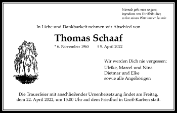 Traueranzeige von Thomas Schaaf von Bad Vilbel/Karben