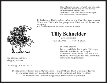 Traueranzeige von Tilly Schneider von Kreis-Anzeiger