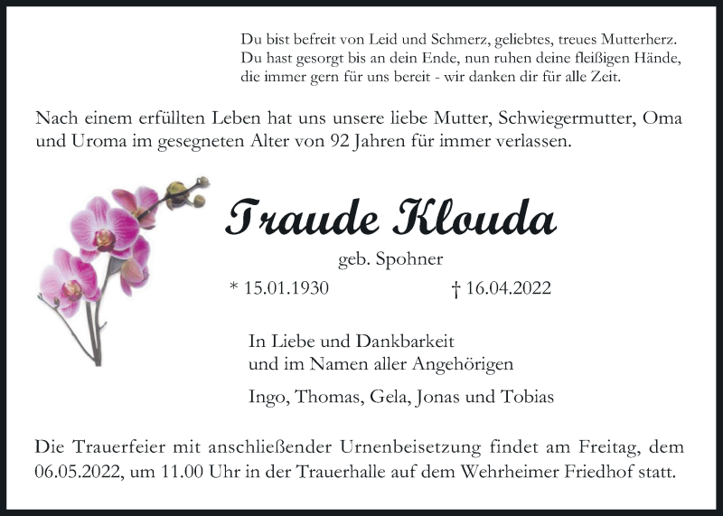  Traueranzeige für Traude Klouda vom 30.04.2022 aus Usinger Anzeiger