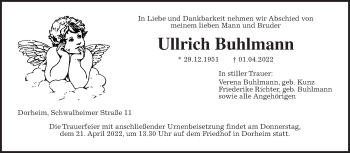 Traueranzeige von Ullrich Buhlmann von Wetterauer Zeitung