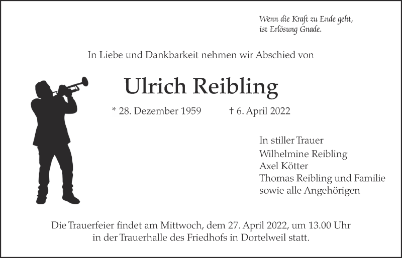  Traueranzeige für Ulrich Reibling vom 14.04.2022 aus Bad Vilbel/Karben