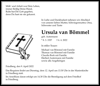 Traueranzeige von Ursula van Bömmel von Wetterauer Zeitung