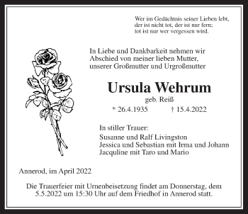 Traueranzeige von Ursula Wehrum von Giessener Allgemeine, Alsfelder Allgemeine