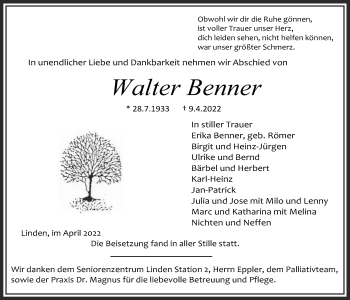 Traueranzeige von Walter Benner von Giessener Allgemeine, Alsfelder Allgemeine