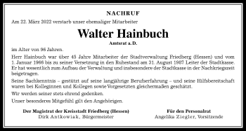 Traueranzeige von Walter Hainbuch von Wetterauer Zeitung