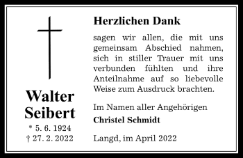 Traueranzeige von Walter Seibert von Licher Wochenblatt