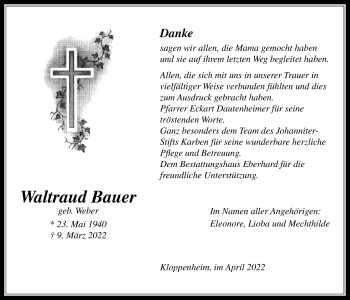 Traueranzeige von Waltraud Bauer von Wetterauer Zeitung