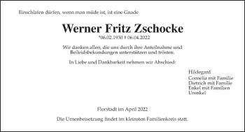 Traueranzeige von Werner Zschocke von Wetterauer Zeitung