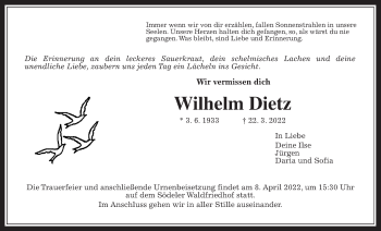 Traueranzeige von Wilhelm Dietz von Wetterauer Zeitung