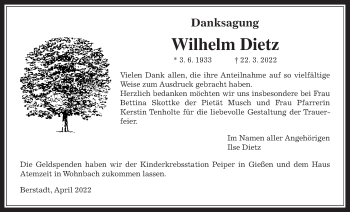 Traueranzeige von Wilhelm Dietz von Wetterauer Zeitung