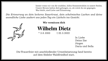 Traueranzeige von Wilhelm Dietz von Licher Wochenblatt