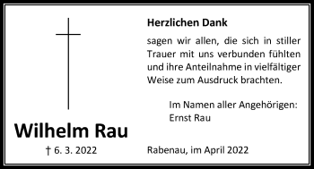Traueranzeige von Wilhelm Rau von Rabenauer Zeitung