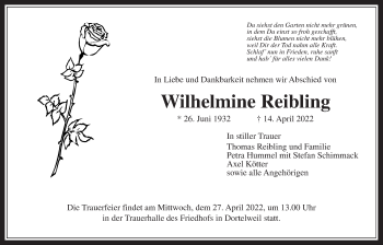 Traueranzeige von Wilhelmine Reibling von Bad Vilbel/Karben
