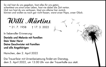 Traueranzeige von Willi Märtins von Kreis-Anzeiger