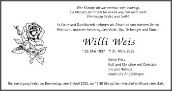 Traueranzeige von Willi Weis von Wetterauer Zeitung