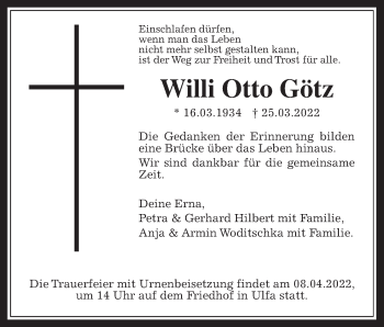 Traueranzeige von Willi Otto Götz von Kreis-Anzeiger