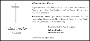 Traueranzeige von Wilma Fischer von Kreis-Anzeiger