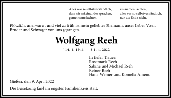 Traueranzeige von Wolfgang Reeh von Giessener Allgemeine, Alsfelder Allgemeine, Giessener Anzeiger