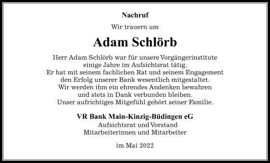 Traueranzeige von Adam Schlörb von Kreis-Anzeiger