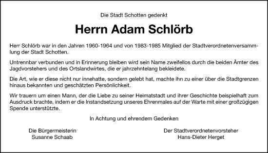 Traueranzeige von Adam Schlörb von Kreis-Anzeiger