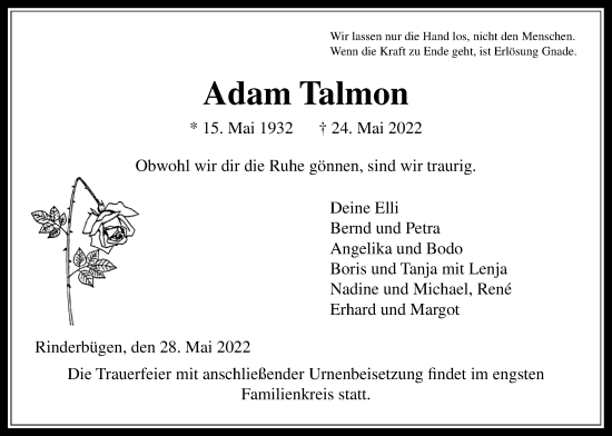 Traueranzeige von Adam Talmon von Kreis-Anzeiger