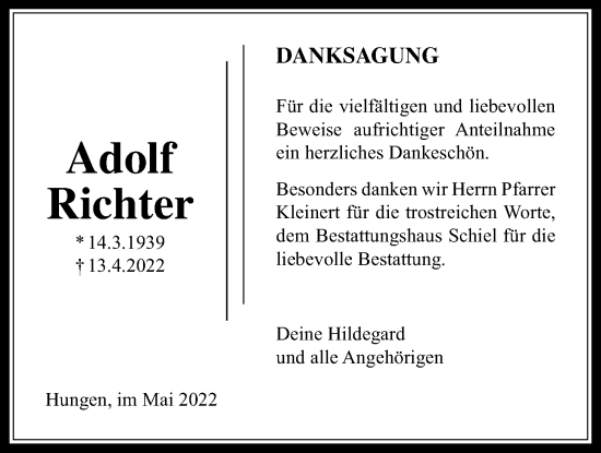Traueranzeige von Adolf Richter von Licher Wochenblatt