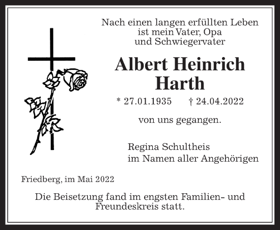 Traueranzeige von Albert Heinrich Harth von Wetterauer Zeitung