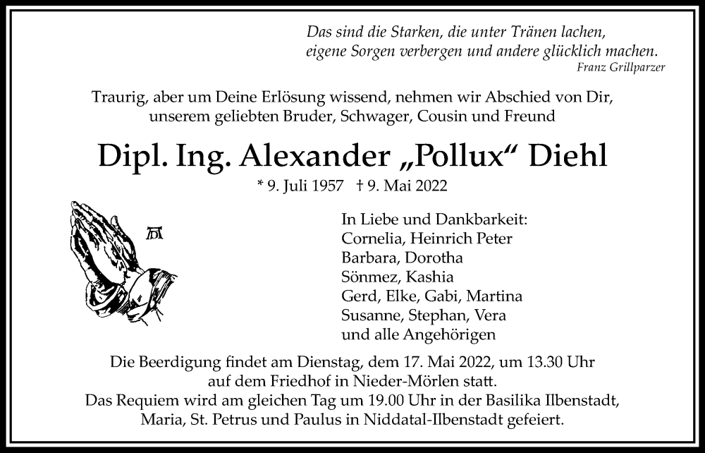  Traueranzeige für Alexander Diehl vom 19.05.2022 aus Bad Vilbel/Karben