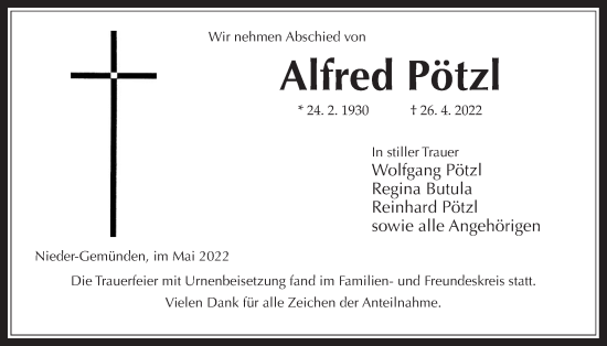 Traueranzeige von Alfred Pötzl von Alsfelder Allgemeine