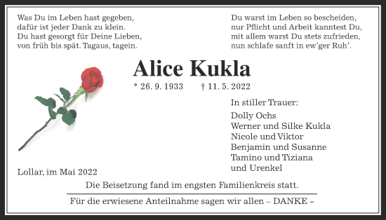 Traueranzeige von Alice Kukla von Giessener Allgemeine, Alsfelder Allgemeine