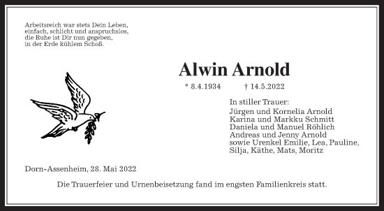 Traueranzeige von Alwin Arnold von Wetterauer Zeitung