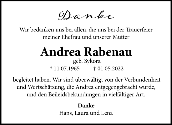 Traueranzeige von Andrea Rabenau von Giessener Allgemeine, Alsfelder Allgemeine