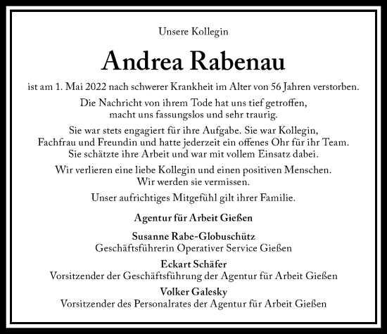 Traueranzeige von Andrea Rabenau von Giessener Anzeiger, Giessener Allgemeine, Alsfelder Allgemeine