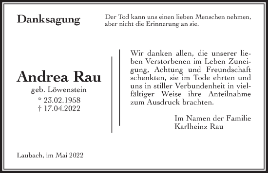 Traueranzeige von Andrea Rau von Laubacher Anzeiger