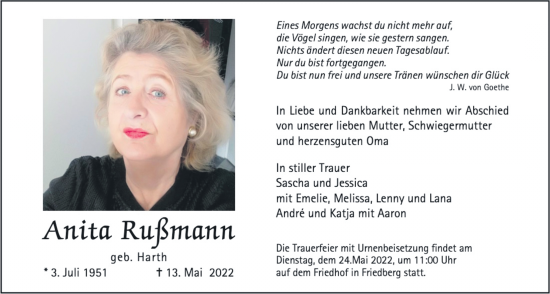 Traueranzeige von Anita Rußmann von Wetterauer Zeitung
