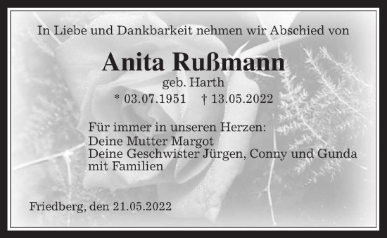 Traueranzeige von Anita Rußmann von Wetterauer Zeitung