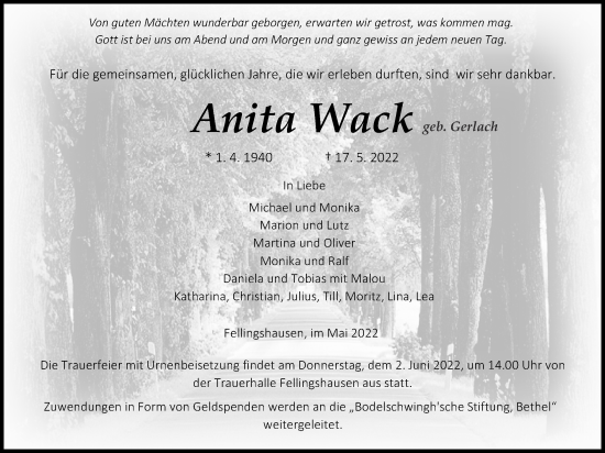 Traueranzeige von Anita Wack von Giessener Allgemeine, Alsfelder Allgemeine