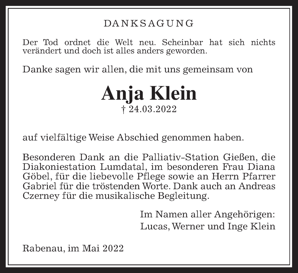  Traueranzeige für Anja Klein vom 27.05.2022 aus Rabenauer Zeitung