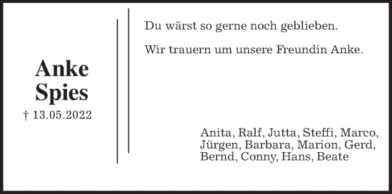 Traueranzeige von Anke Spies von Wetterauer Zeitung, Giessener Allgemeine, Alsfelder Allgemeine