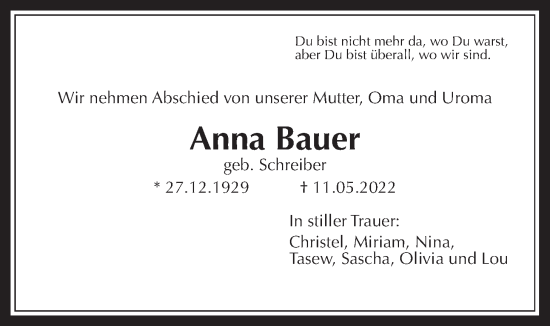 Traueranzeige von Anna Bauer von Wetterauer Zeitung