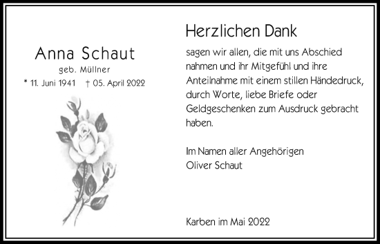 Traueranzeige von Anna Schaut von Bad Vilbel/Karben
