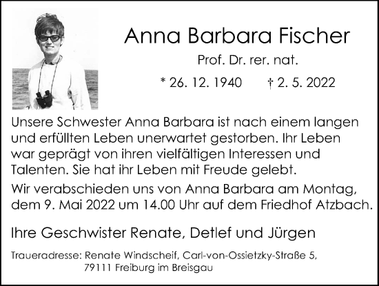 Traueranzeige von Anna Barbara Fischer von Giessener Anzeiger