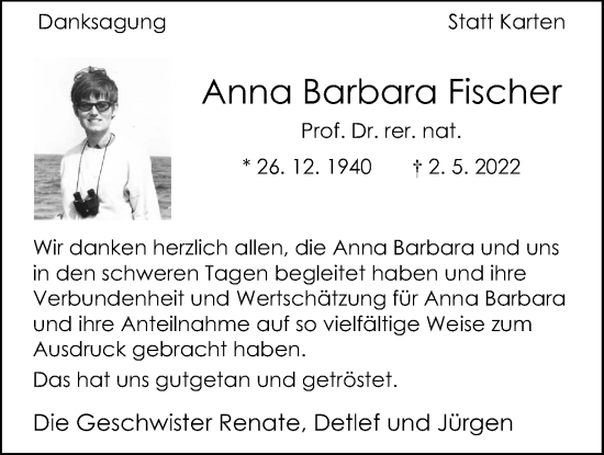 Traueranzeige von Anna Barbara Fischer von Giessener Anzeiger