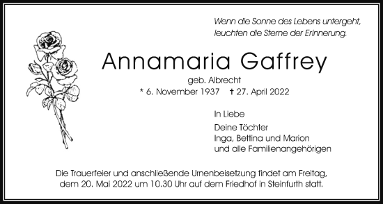 Traueranzeige von Annamaria Gaffrey von Wetterauer Zeitung