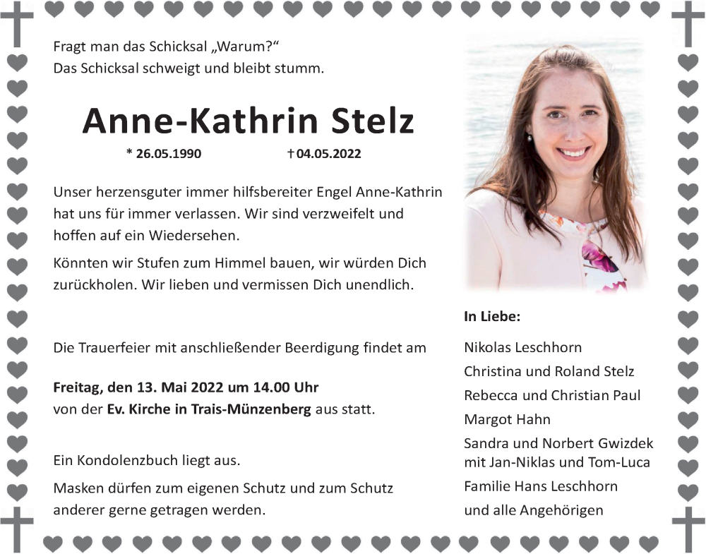  Traueranzeige für Anne- Kathrin Stelz vom 11.05.2022 aus Wetterauer Zeitung