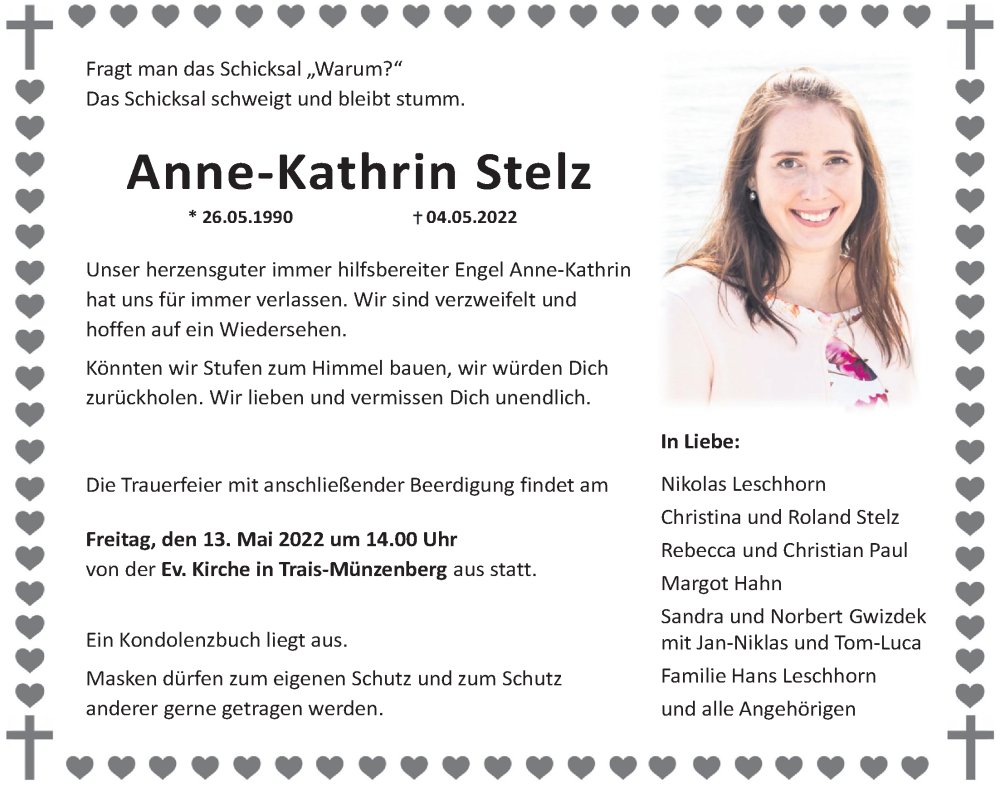  Traueranzeige für Anne-Kathrin Stelz vom 12.05.2022 aus Licher Wochenblatt