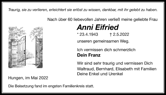 Traueranzeige von Anni Eifried von Licher Wochenblatt